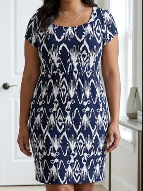 Charter Club XL Sheath Dress Navy Blue and White Tribal Print with Front Pockets